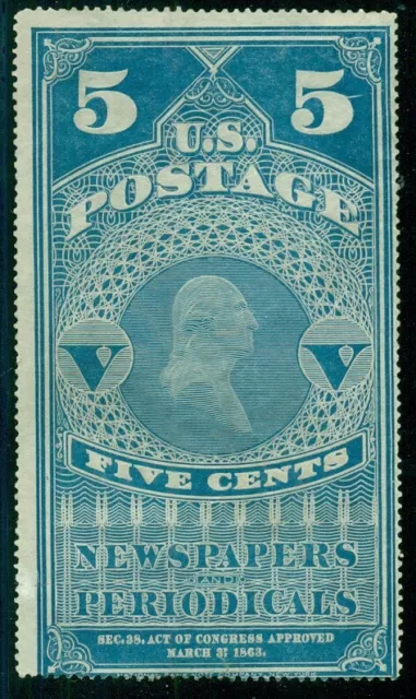 US #PR5, 5¢ dull blue Newspaper stamp, unused no gum,  Miller cert Scott $225.00