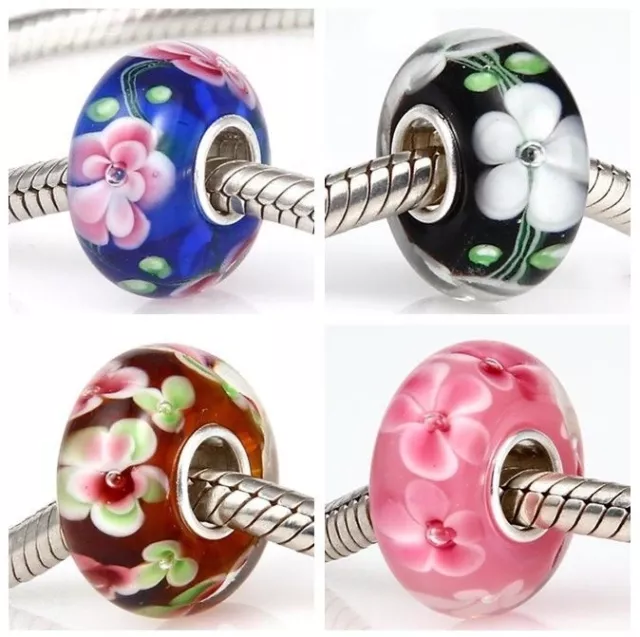 NEW 925 Silver Murano Glass Lampwork Floral Flowers Charm European Bracelet Bead