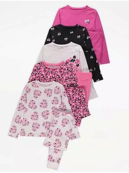 George Girls Age 7-8 Years 5 Pairs Heart Print Jersey Cotton Pyjamas Bnwt