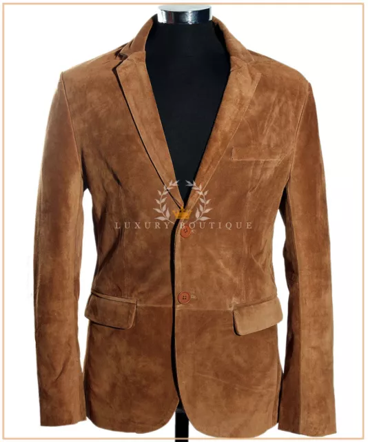 Carter Tan Men's New Smart 2 Buttons Real Cowhide Suede Leather Blazer Jacket