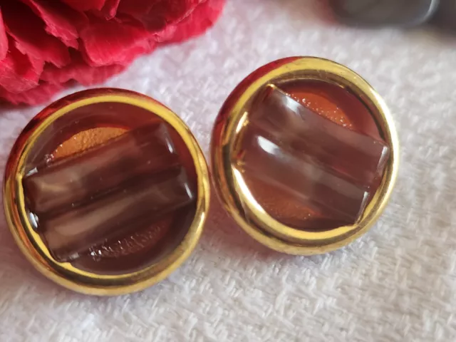 Duo boutons anciens en verre marron doré travaillé collection  1,7 cm G17F
