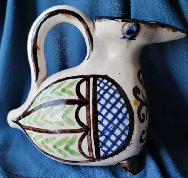 Mid Century Figural Bird Pitcher Hand Painted Folk Art Pottery Water Jug Footed