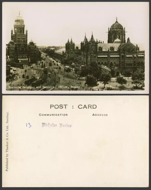India Old Postcard Victoria Terminus & Municipal Office Bombay TRAM Street Scene