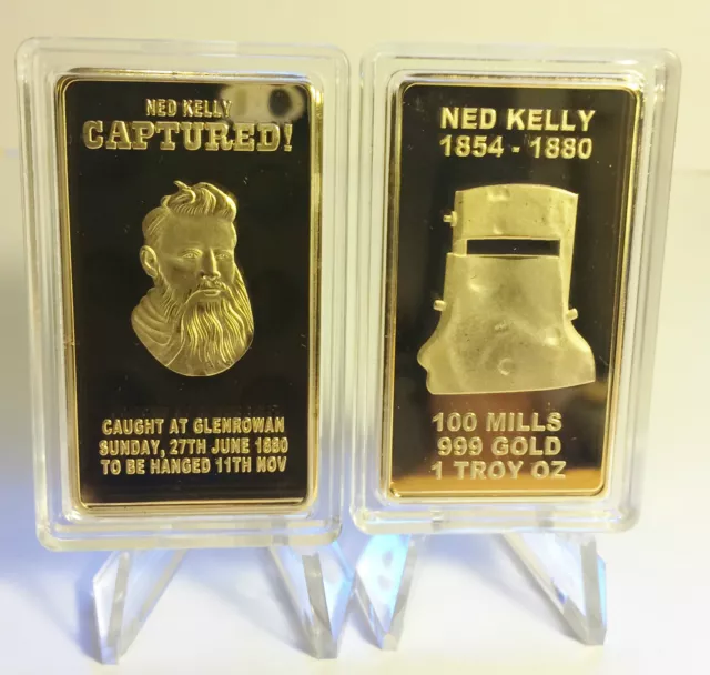 NED KELLY "CAPTURED" 1 Oz INGOT FINISHED IN 999 24k GOLD, O/LAW, GLENROWAN