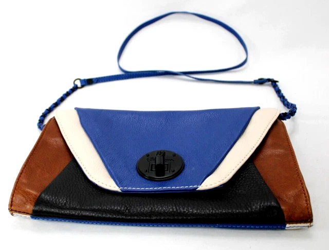 Elliot Lucca Leather Crossbody Purse Blue Brown Converts To Clutch Bag 11"x7"