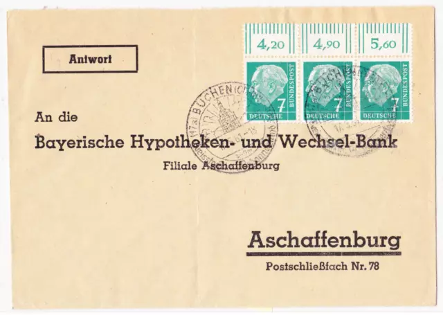 Bund Heuss I, 7 Pf Mi. 181 waager. 3er-Streifen mit OR "Buchen" MeF auf Brief