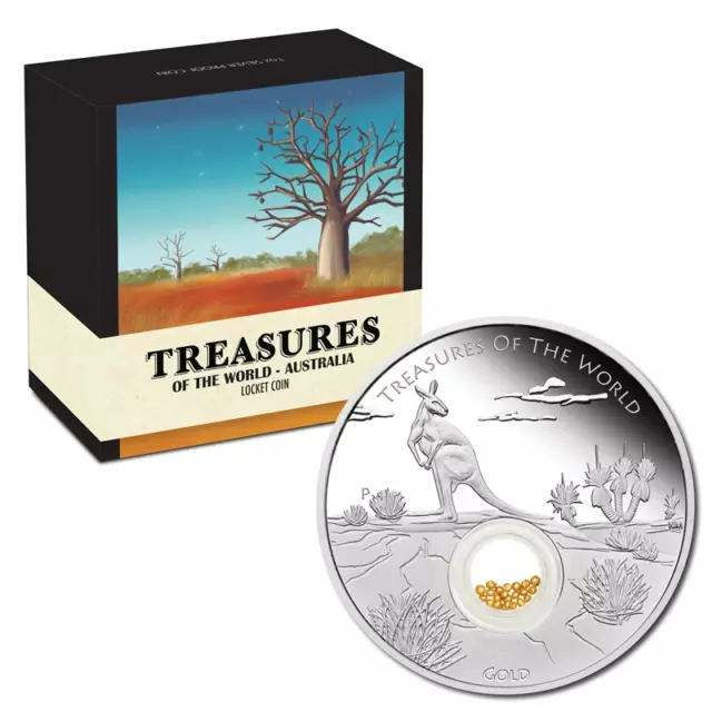 2014 TREASURES of the WORLD-AUSTRALIA SILVER PROOF LOCKED COIN WITH 0.2g GOLD