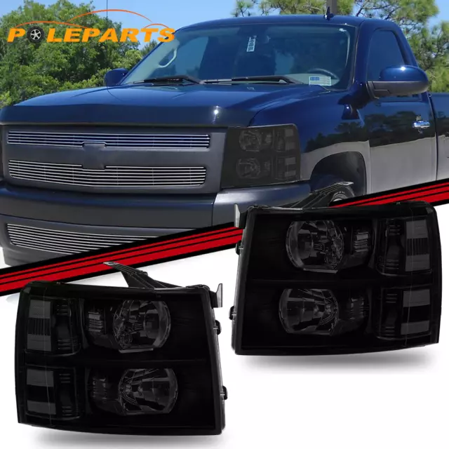 2X Smoke Lens Black Housing Headlights Fits 2007-14 Chevy Silverado 1500-3500