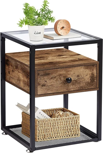 Nightstand,Tempered Glass End Table with Drawer and Rustic Shelf Decoration in L