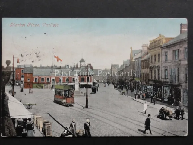 Cumbria: Carlisle Market Place c1905 showing busy animated street scene & tram