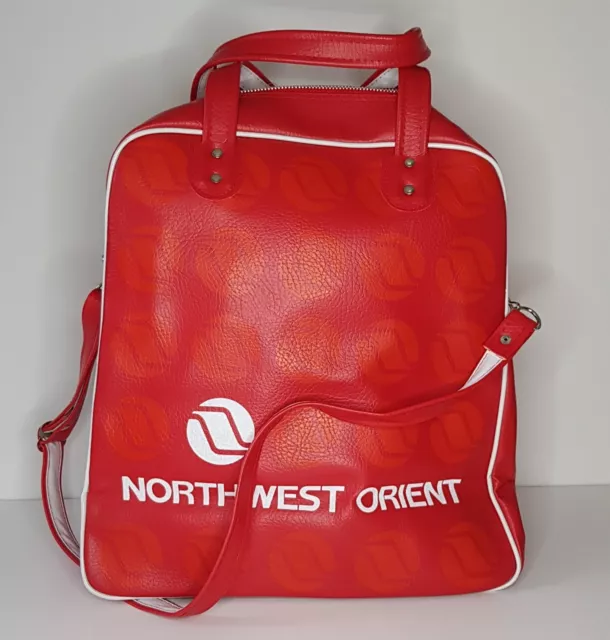 1970s Northwest Orient Airlines Retro Red Leather Tennis Bag Holdall Carry On 3