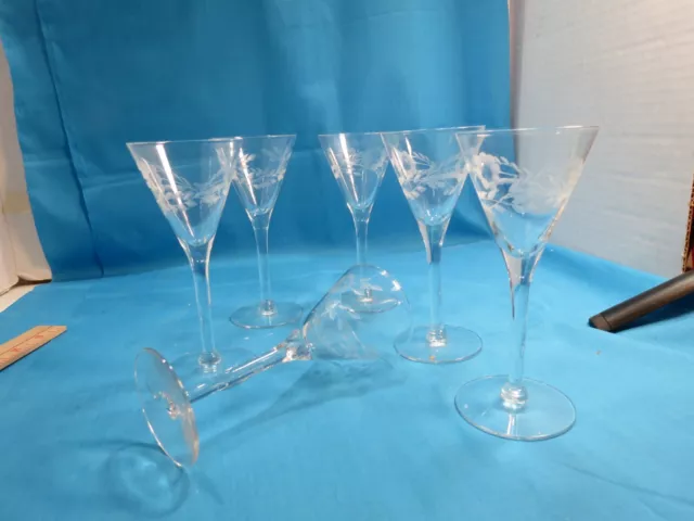 Depression Clear Glass Etched Elegant Cordial Sherry Flower Set 6 Stemmed 6" T