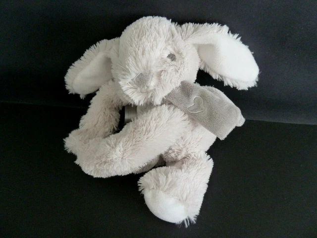 R9- Doudou Peluche Lapin Carreblanc Ecru Beige Blanc Echarpe Gris Coeur - Neuf *
