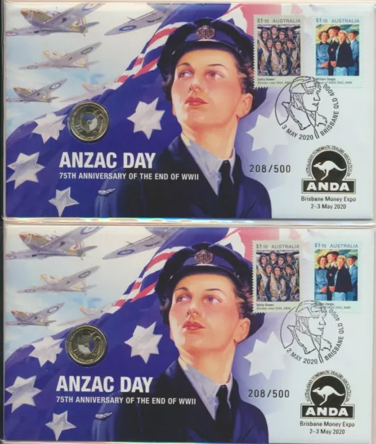 Australia: 2020 Coloured $2 ANZAC DAY WWII Brisbane ANDA Pair 208/500 RARE