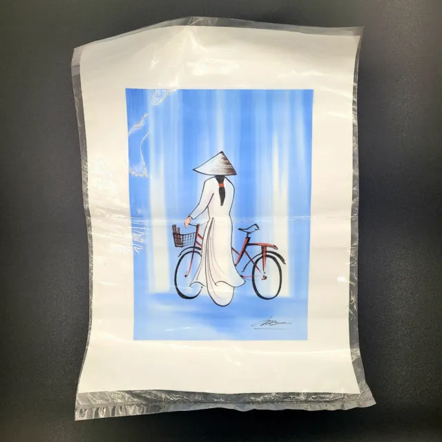 New Asian Blue Bicycle and Woman Painting On Silk Art Signed 12 1/2"H X 8 3/4"W