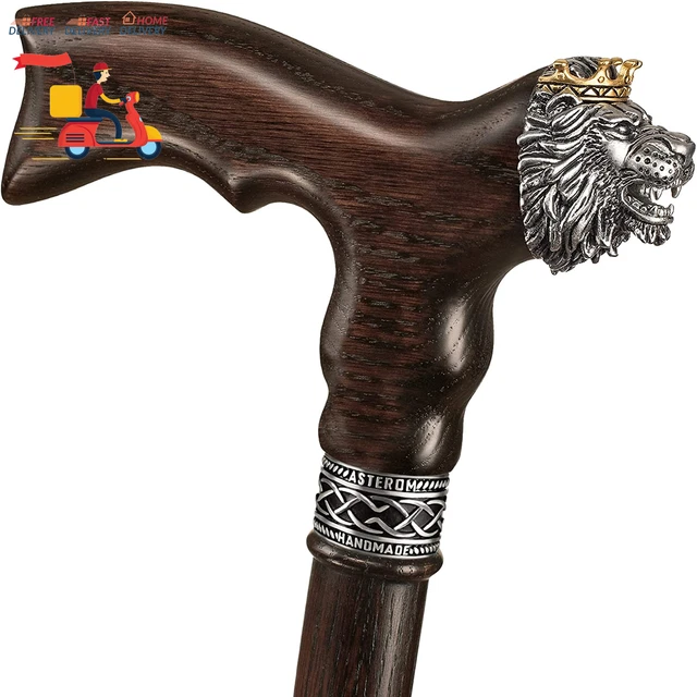 Unique Handmade Wooden Walking Cane for Men - Lion King - Carved Men'S Wood Cane