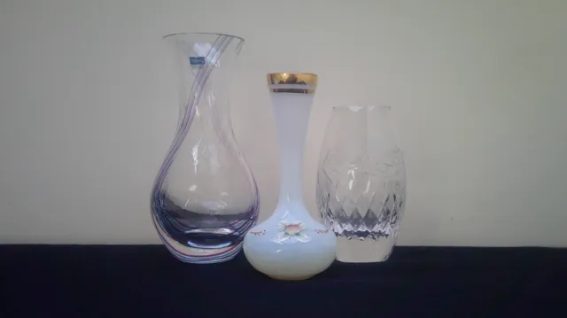 3xSmall Glass Vases Caithness Swirl, Handpainted Opaque Milk Glass,Lead Crystal.