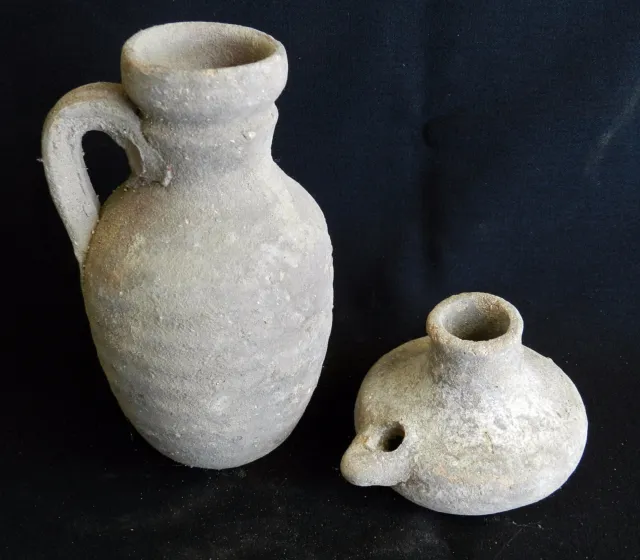Biblical Ancient Holy Land Roman Clay Pottery Pitcher Jug & Oil Lamp Terracotta 3