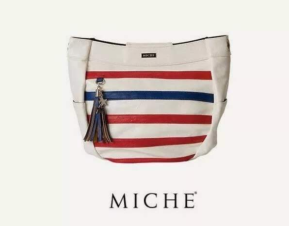 MICHE Stars & Stripes Demi Shell- red and blue stripes appliqued on a white...