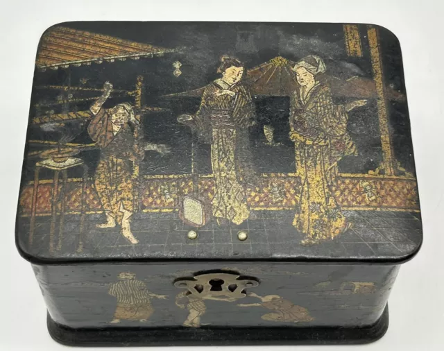 Vintage Japanese Lacquer Box with Painted Scenes with Lock, no key