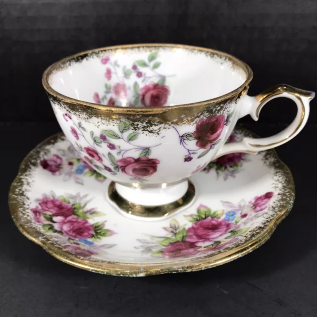 Vtg Napco Teacup Saucer Hand painted Pink Roses Gold Original China Cup (BC)