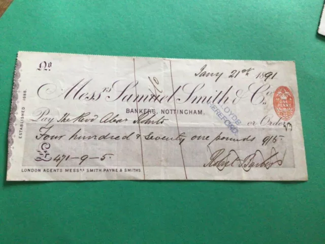 Samuel Smith & Co Bankers Nottingham 1891 Cheque   A12059