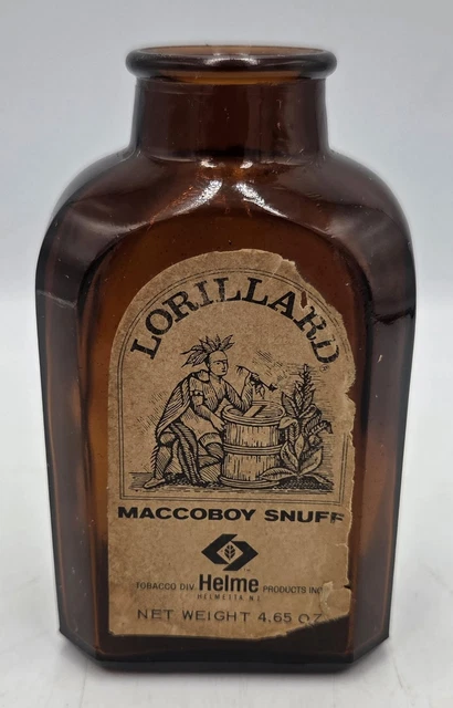 ANTIQUE SNUFF BOTTLE MACCOBOY Helme Lorillard Helmetta NJ Amber Brown Glass  BIG $12.99