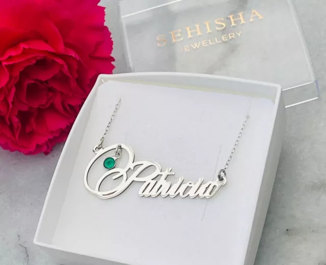 Personalised 925 Sterling Silver Name Necklace, With Birthstone