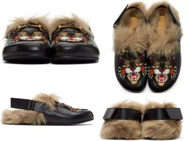 GUCCI Fell Princetown Slippers Slide Horsebit Fur Shoes Schuhe Sandalen Mules 43