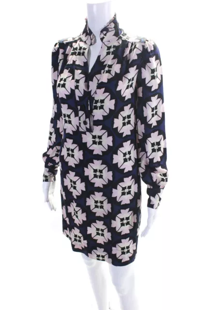Diane Von Furstenberg Womens Long Sleeve V Neck Floral Silk Dress Blue Pink 0 2