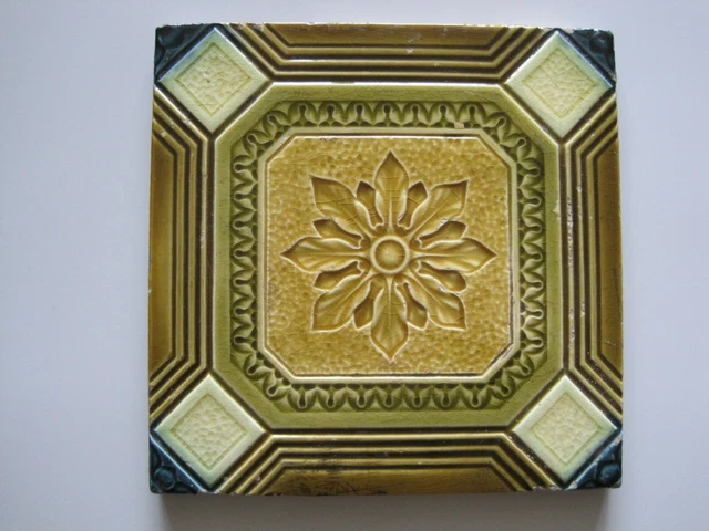Antique Victorian Mintons 6" Sq.  Moulded & Majolica Glazed Aesthetic Tile