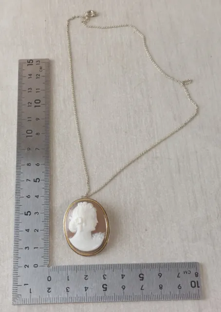 Ancienne broche / pendentif, camée, avec collier, en argent, vintage