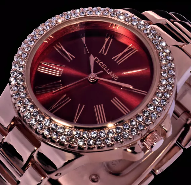 Excellanc Damen Frauen Armband Uhr Bordeaux Rot Rose Gold Farben Metall Strass 3