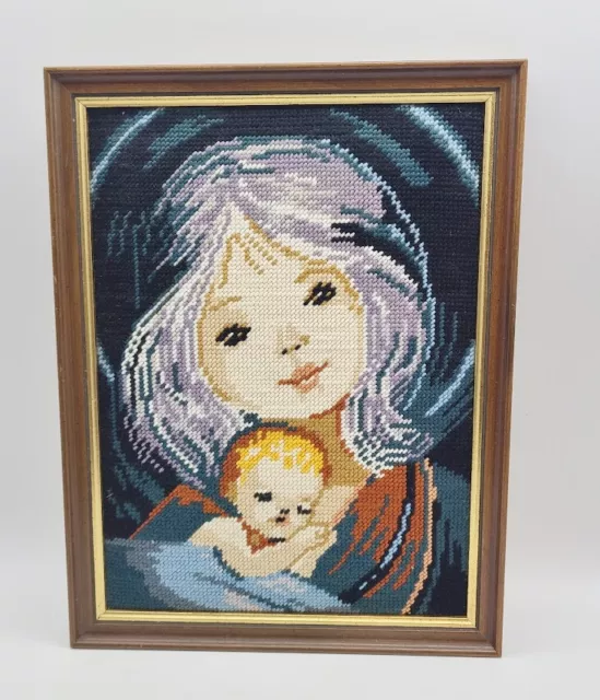 Bordado Madonna y Niño Niño Jesús Hilo Crewel Arte Enmarcado 10x13