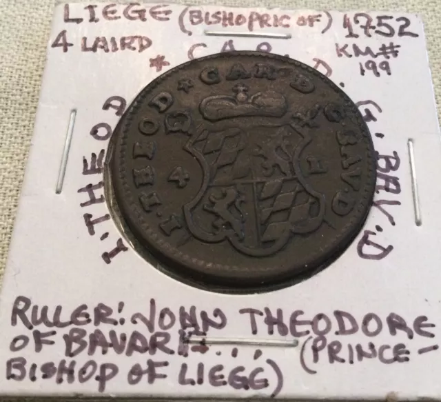 Liege(Bishopric) Belgium 4 Laird 1752 Km#199 High Grade Rare Coin! See Pics…