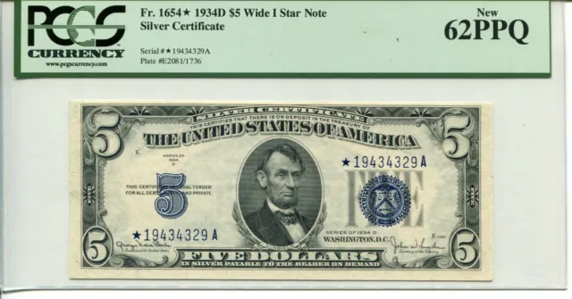 FR 1654* STAR 1934-D Wide I $5 SILVER CERTIFICATE 62 PPQ NEW