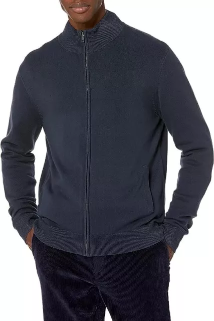 Amazon Essential Men's Size Medium Full Zip Sweater Cotton Navy Blue long sleeve