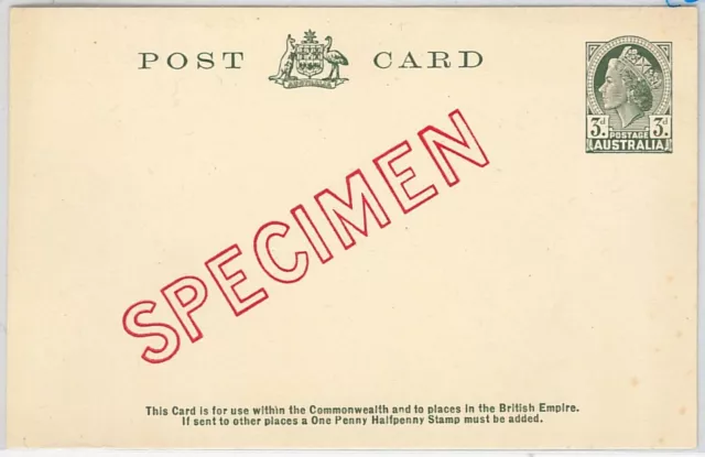 AUSTRALIA -  POSTAL STATIONERY CARD 3d. overprinted SPECIMEN