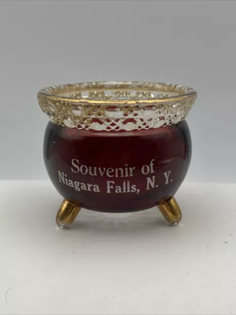 Vintage Ruby Glass Souvenir of Niagara Falls Small Cauldron EAPG Red w Gold Trim