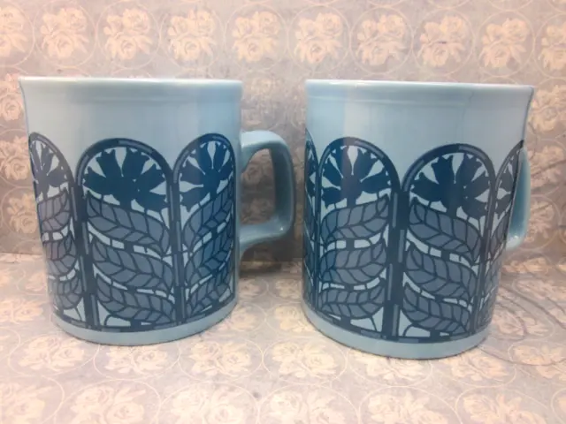 VTG 70's Staffordshire Potteries Ironstone-2 Coffee Mug/Cups-Blue Floral Nouveau