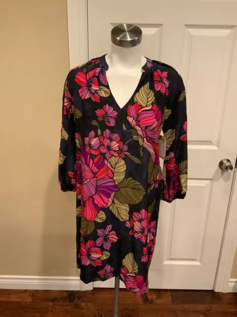 Trina Turk Cranberry Black Silk V-Neck Dress w/ Floral Print, Size 4