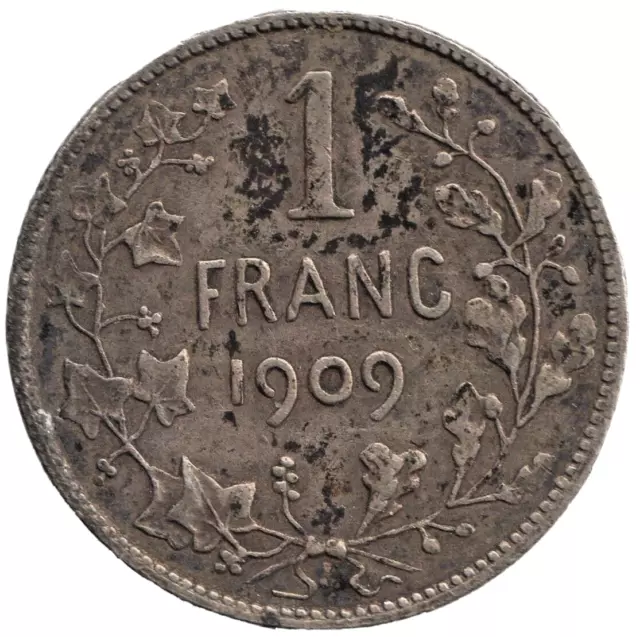 1909 Belgium Leopold II Silver 1 Franc Coin