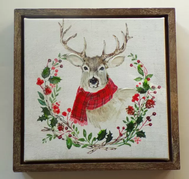 Pier 1 Imports Deer In Wreath Art Canvas Wood Frame Christmas Holiday