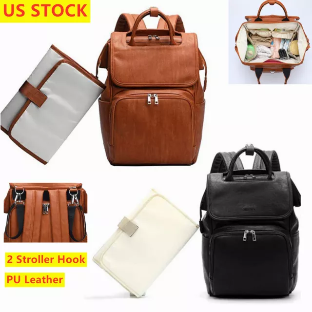 Leather PU Mummy Diaper Backpack Baby Nappy Travel Insulation Bag Changing Pad