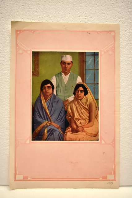 Vintage Litografia Stampa Raffigurante Jawaharlal Nehru Famiglia Kamala Indira