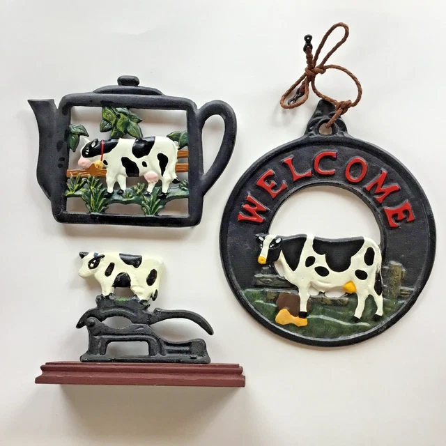 Cast Iron Decorative Set : Farm/Cow Theme: Trivet, Hanger & Nut Cracker: NICE!!