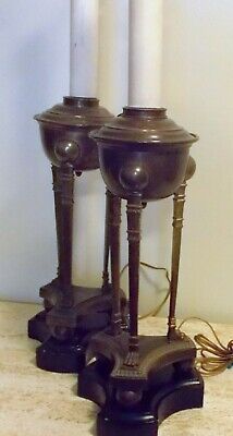 antique Vtg PAIR BRASS Bronze FRENCH EMPIRE LAMPS POMPEIAN OIL Style