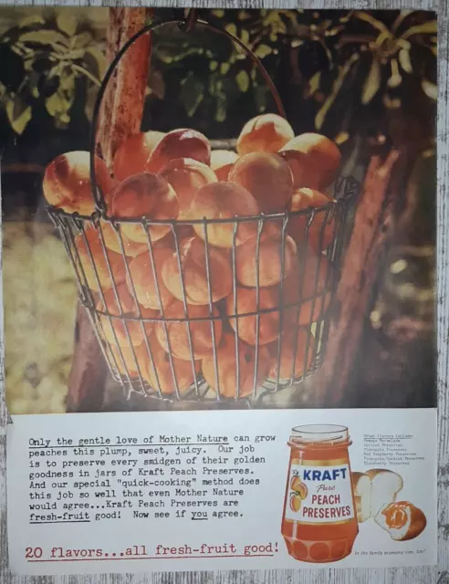 1961 Kraft Vintage Print Ad Peach Preserves Basket Peaches Trees Bread Jar