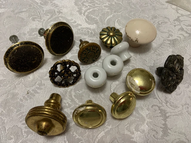 Lot 14 Pc MISC VTG HARDWARE Drawer KNOBS Porcelain Brass Cabinet or Door Pulls