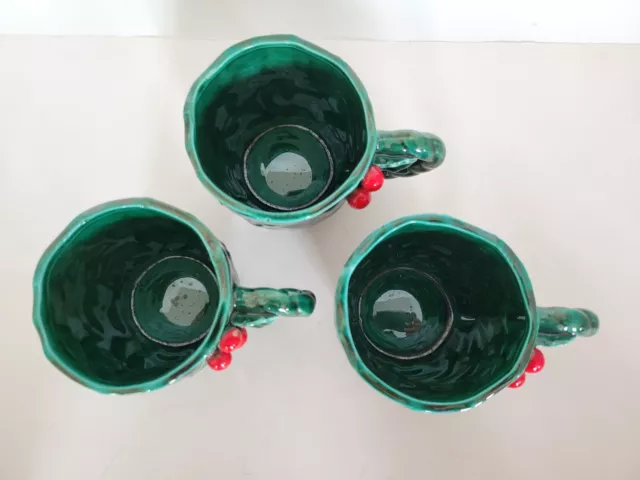 Lefton Christmas Green Holly Berry Ceramic Mugs Set of 3 / Creamer & Sugar Set 3